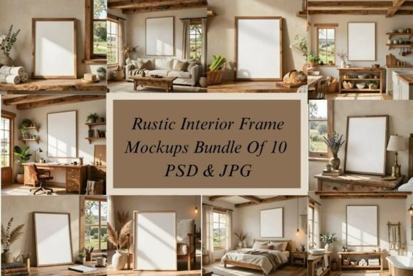 Rustic Interior Frame Mockup Bundle: Elevating Art Presentations with Authentic Farmhouse Vibes